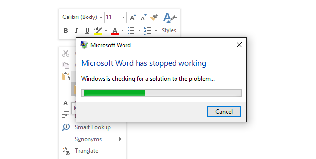 Microsoft Word has stopped working